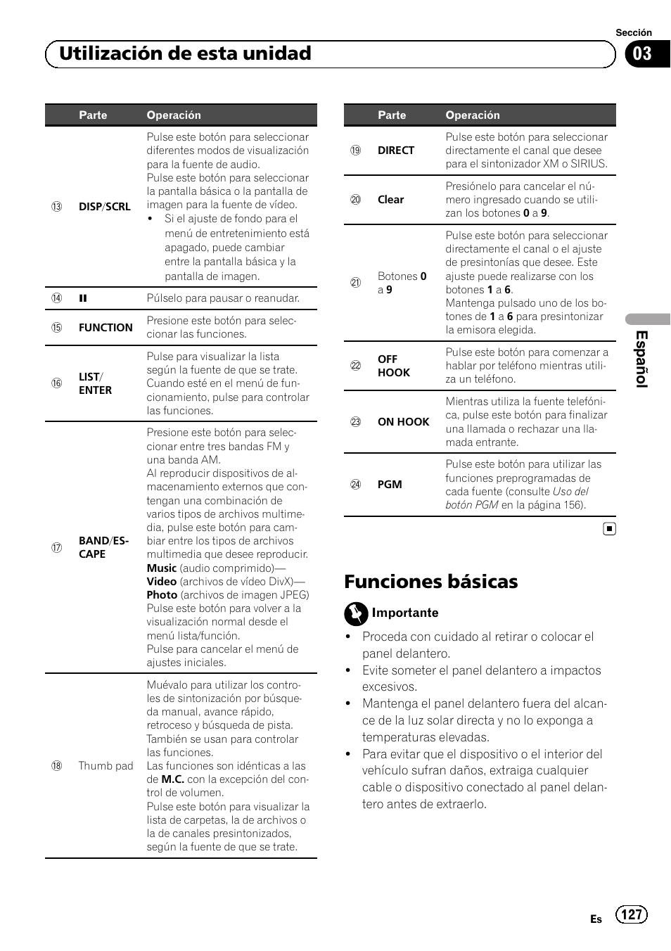 Funciones básicas, 03 utilización de esta unidad, Español | Pioneer MVH-P8200BT User Manual | Page 127 / 184