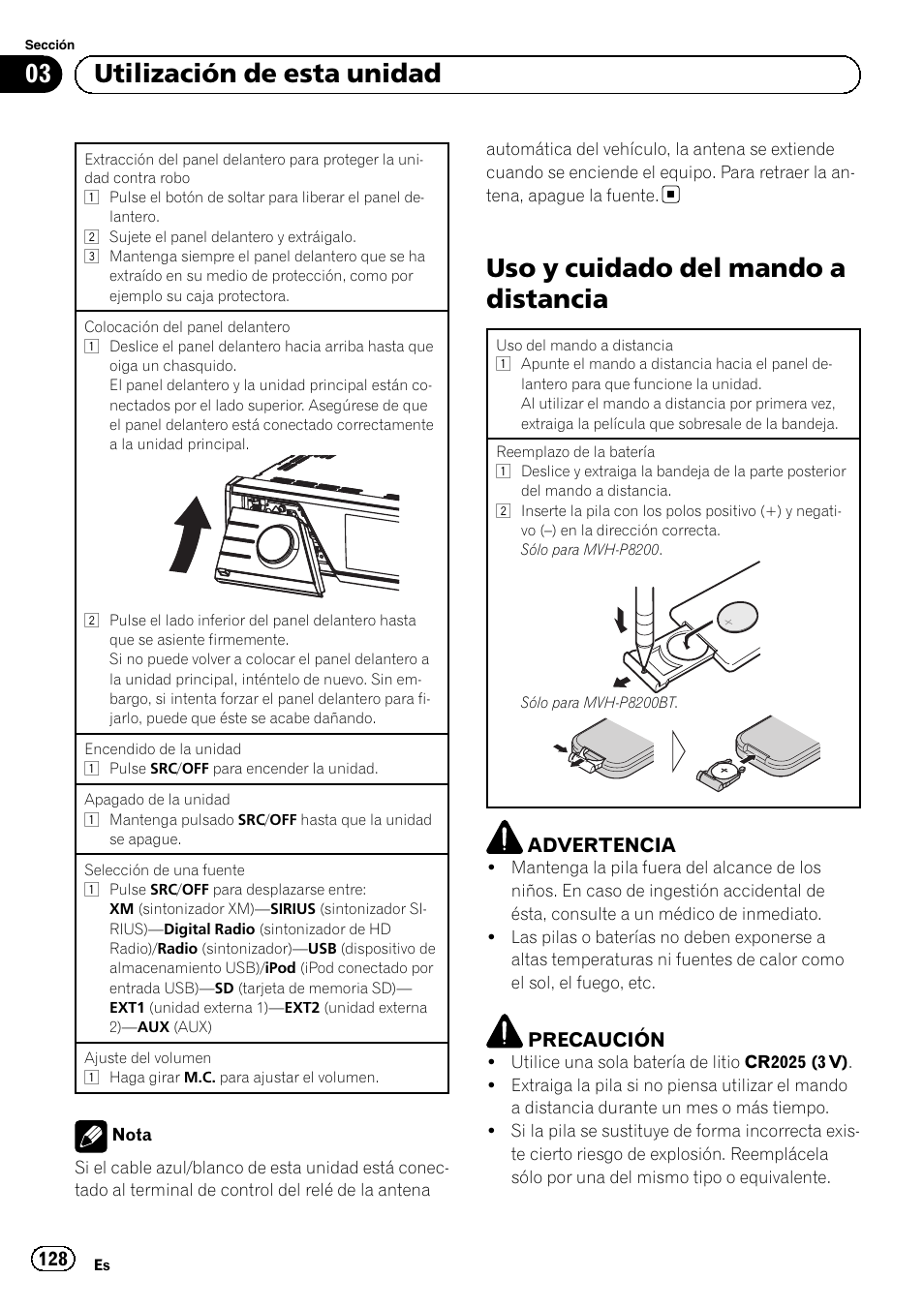 Uso y cuidado del mando a distancia, 03 utilización de esta unidad, Advertencia | Precaución | Pioneer MVH-P8200BT User Manual | Page 128 / 184