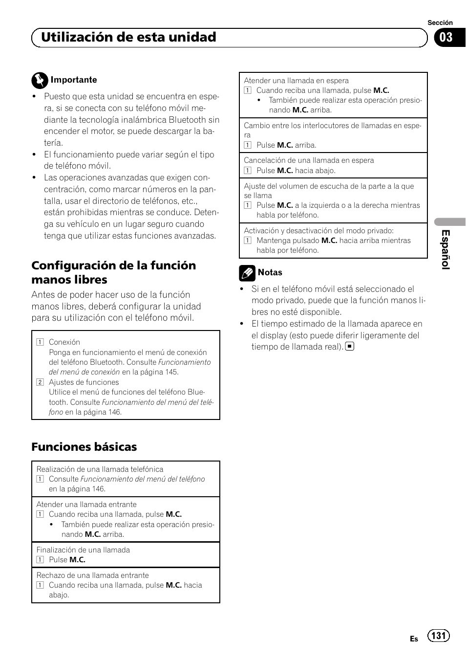 Configuración de la función manos, Libres, Funciones básicas 131 | 03 utilización de esta unidad, Configuración de la función manos libres, Funciones básicas, Español | Pioneer MVH-P8200BT User Manual | Page 131 / 184