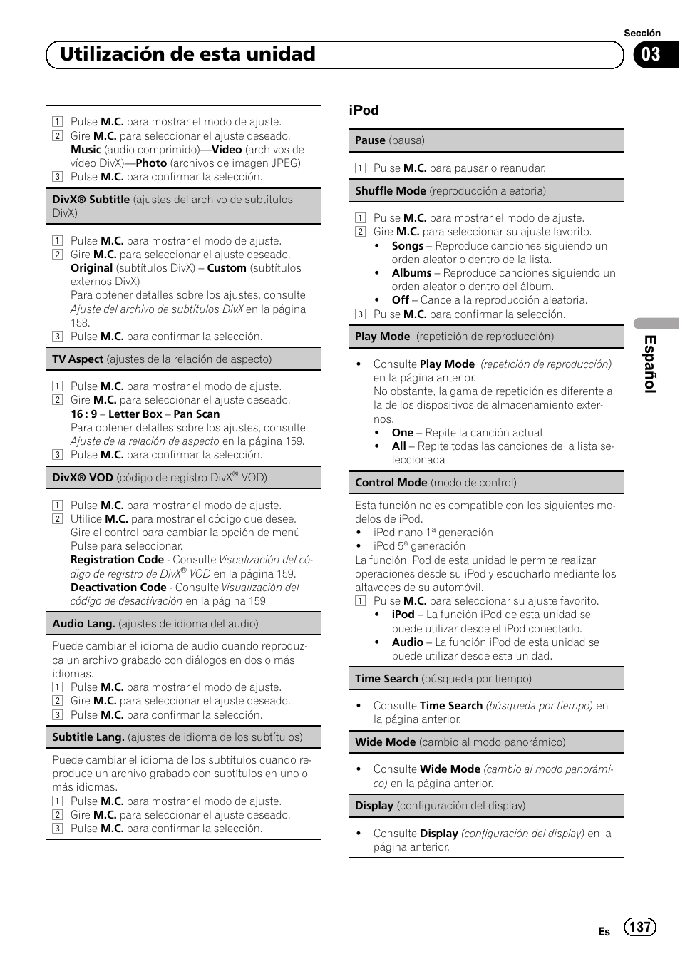 03 utilización de esta unidad, Español, Ipod | Pioneer MVH-P8200BT User Manual | Page 137 / 184