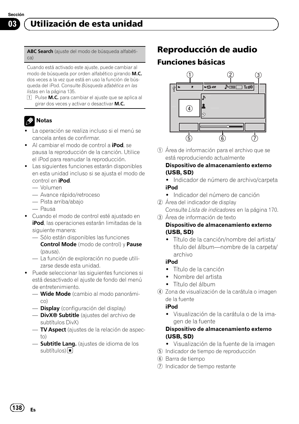 Reproducción de audio, Funciones básicas 138, 03 utilización de esta unidad | Funciones básicas | Pioneer MVH-P8200BT User Manual | Page 138 / 184