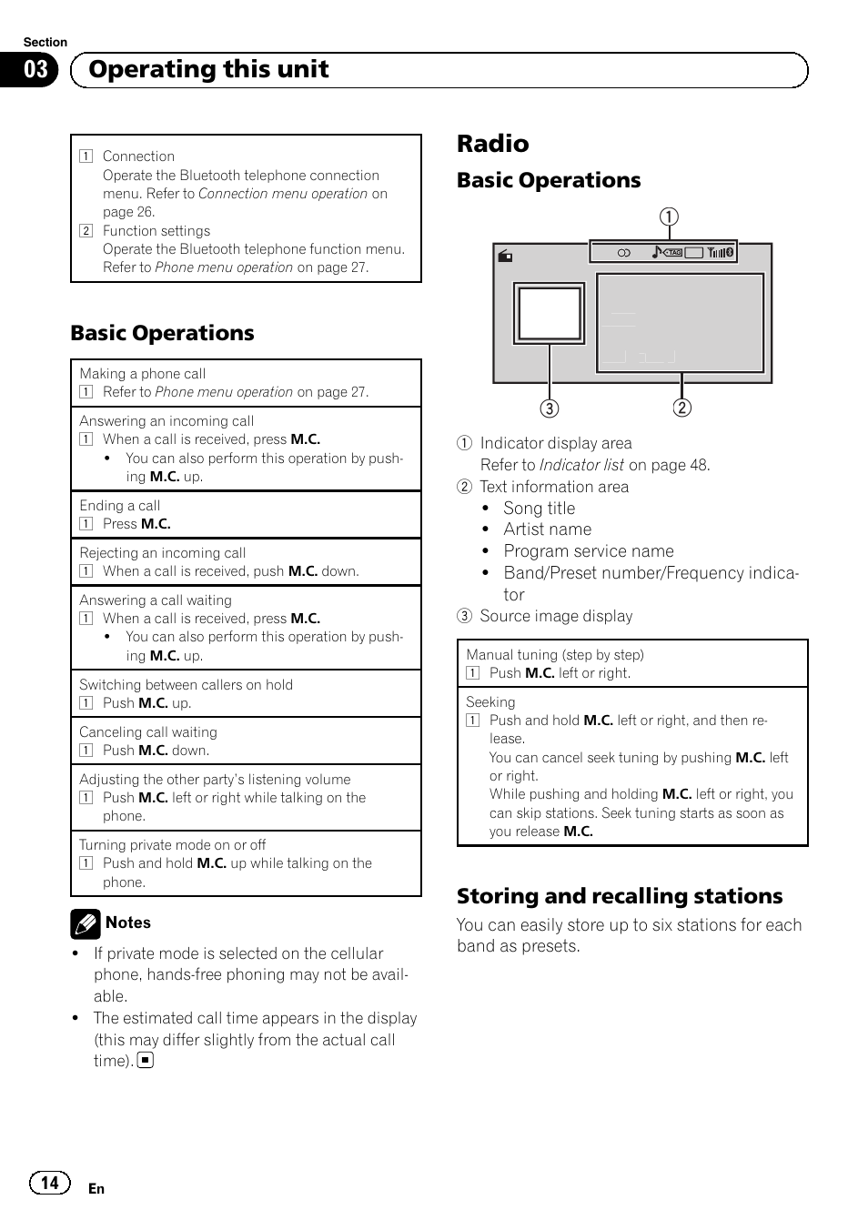 Basic operations 14, Radio, Storing and recalling stations 14 | 03 operating this unit, Basic operations, Storing and recalling stations | Pioneer MVH-P8200BT User Manual | Page 14 / 184