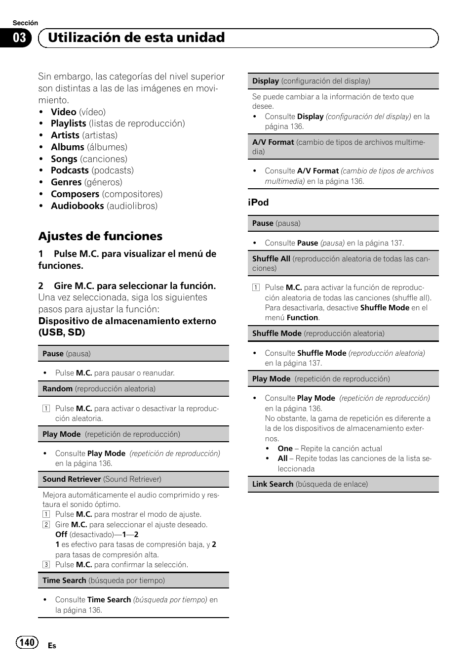 Ajustes de funciones 140, 03 utilización de esta unidad, Ajustes de funciones | Pioneer MVH-P8200BT User Manual | Page 140 / 184