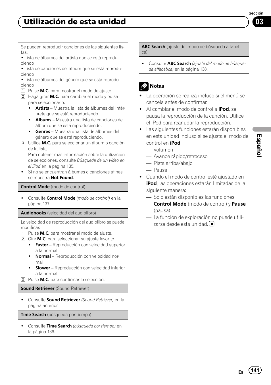 03 utilización de esta unidad, Español | Pioneer MVH-P8200BT User Manual | Page 141 / 184