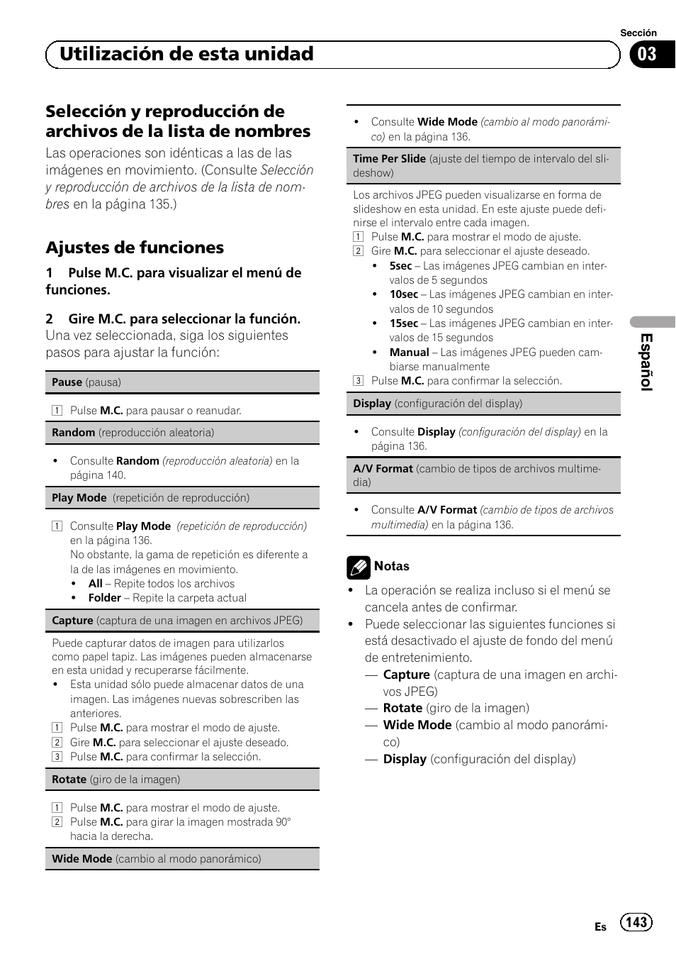 Selección y reproducción de archivos, De la lista de nombres, Ajustes de funciones 143 | Display (configuración del display) en, A/v format (cambio de tipos de ar, 03 utilización de esta unidad, Ajustes de funciones, Español | Pioneer MVH-P8200BT User Manual | Page 143 / 184