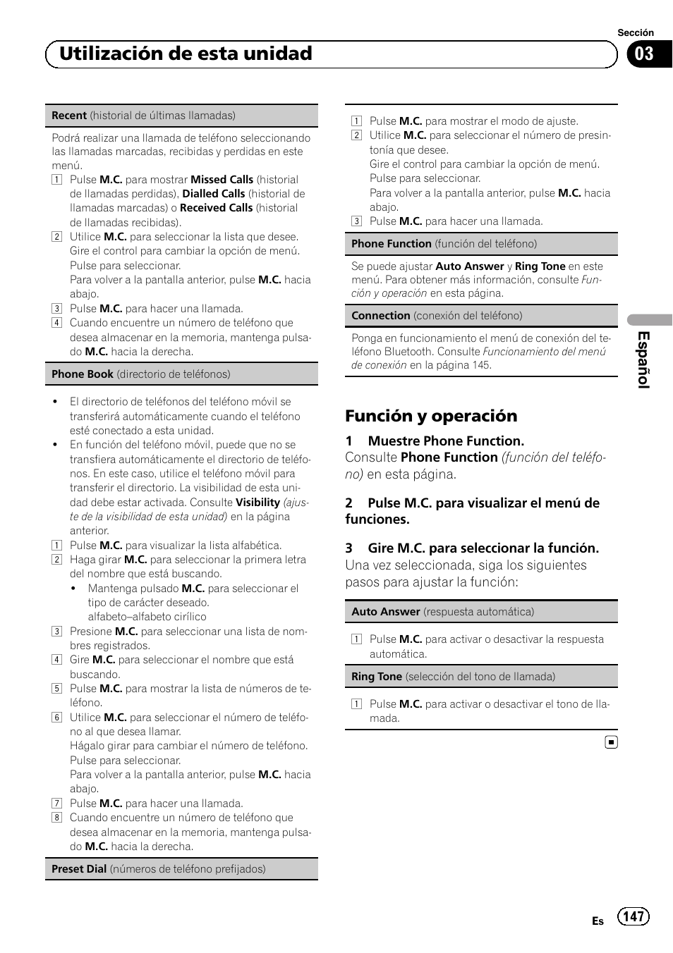 Función y operación 147, 03 utilización de esta unidad, Función y operación | Español | Pioneer MVH-P8200BT User Manual | Page 147 / 184