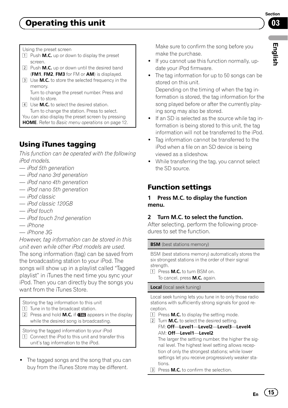 Using itunes tagging 15, Function settings 15, 03 operating this unit | Using itunes tagging, Function settings, English | Pioneer MVH-P8200BT User Manual | Page 15 / 184