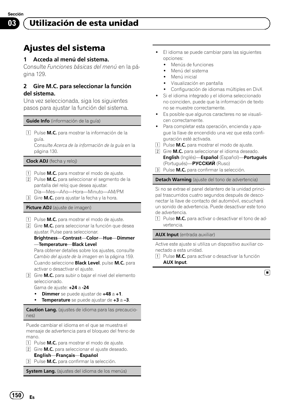 Ajustes del sistema, 03 utilización de esta unidad | Pioneer MVH-P8200BT User Manual | Page 150 / 184