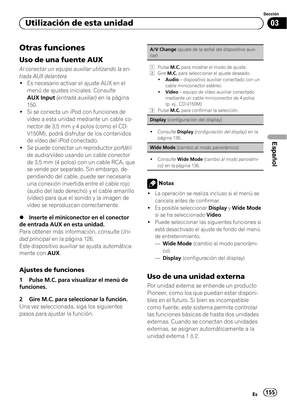 Otras funciones, Uso de una fuente aux 155, Uso de una unidad externa 155 | 03 utilización de esta unidad, Uso de una fuente aux, Uso de una unidad externa | Pioneer MVH-P8200BT User Manual | Page 155 / 184