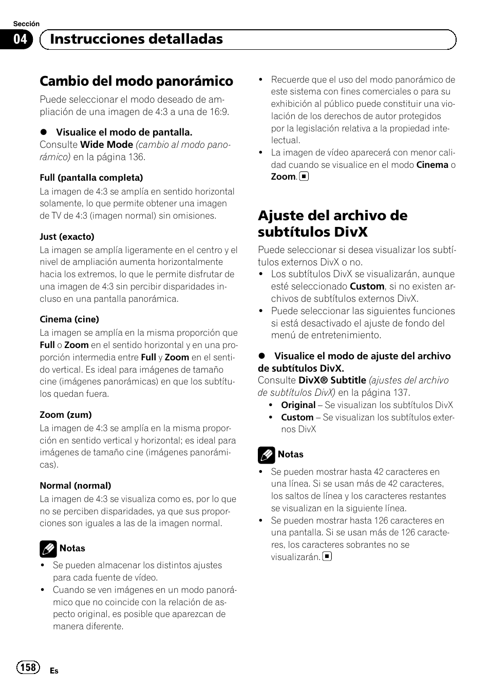 Ajuste del archivo de subtítulos divx, Cambio del modo panorámico, 04 instrucciones detalladas | Pioneer MVH-P8200BT User Manual | Page 158 / 184