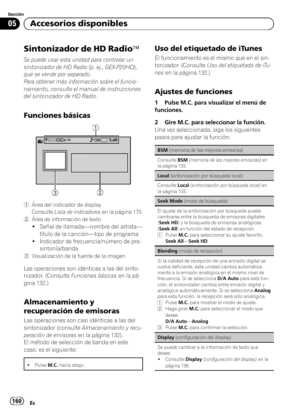 Accesorios disponibles sintonizador de hd radio, Ä 160, Funciones básicas 160 | Almacenamiento y recuperación de, Emisoras, Uso del etiquetado de itunes 160, Ajustes de funciones 160, Sintonizador de hd radio ä, 05 accesorios disponibles, Funciones básicas | Pioneer MVH-P8200BT User Manual | Page 160 / 184