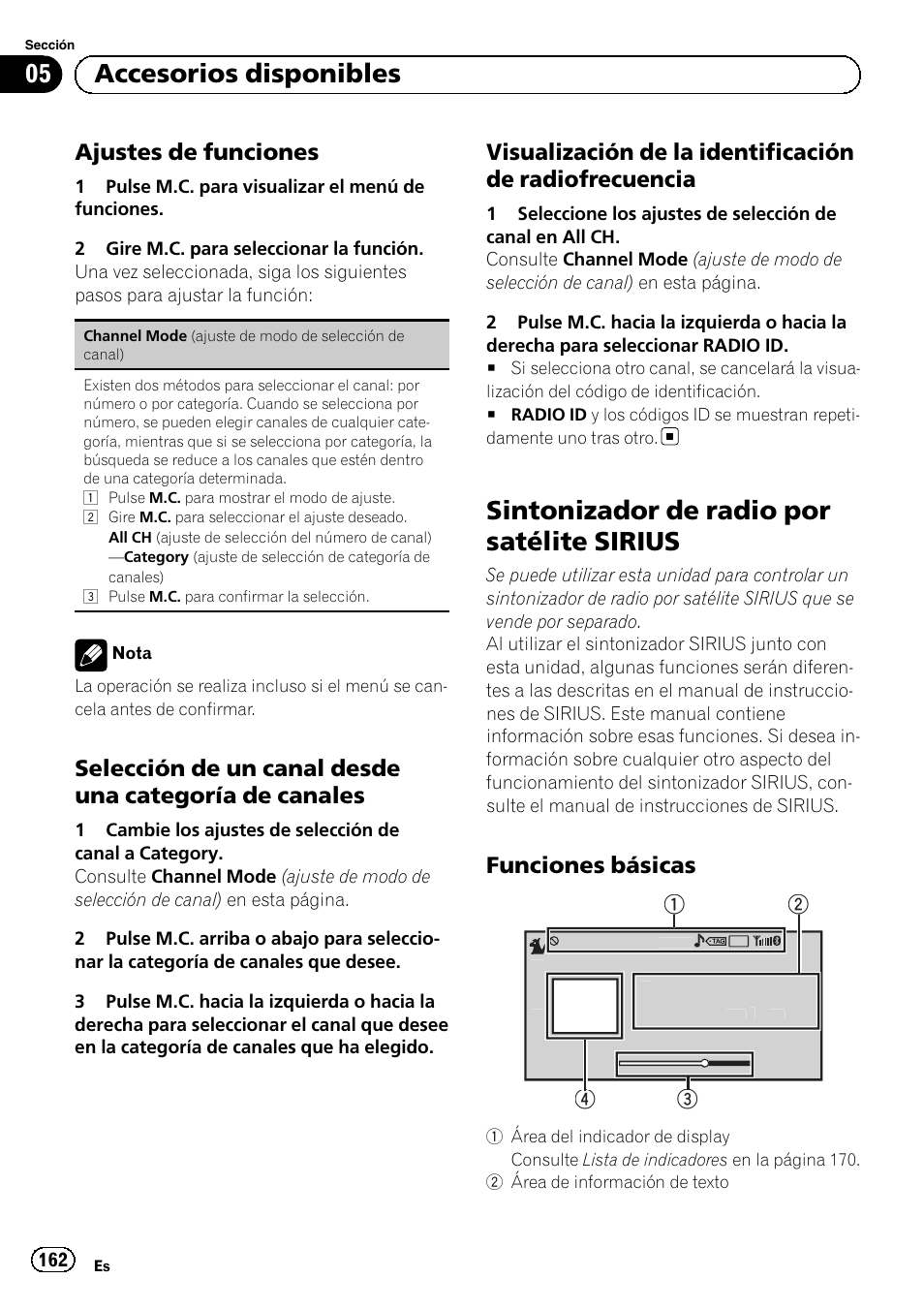 Ajustes de funciones 162, Selección de un canal desde una, Categoría de canales | Visualización de la identificación de, Radiofrecuencia, Sintonizador de radio por satélite, Sirius, Funciones básicas 162, Sintonizador de radio por satélite sirius, 05 accesorios disponibles | Pioneer MVH-P8200BT User Manual | Page 162 / 184