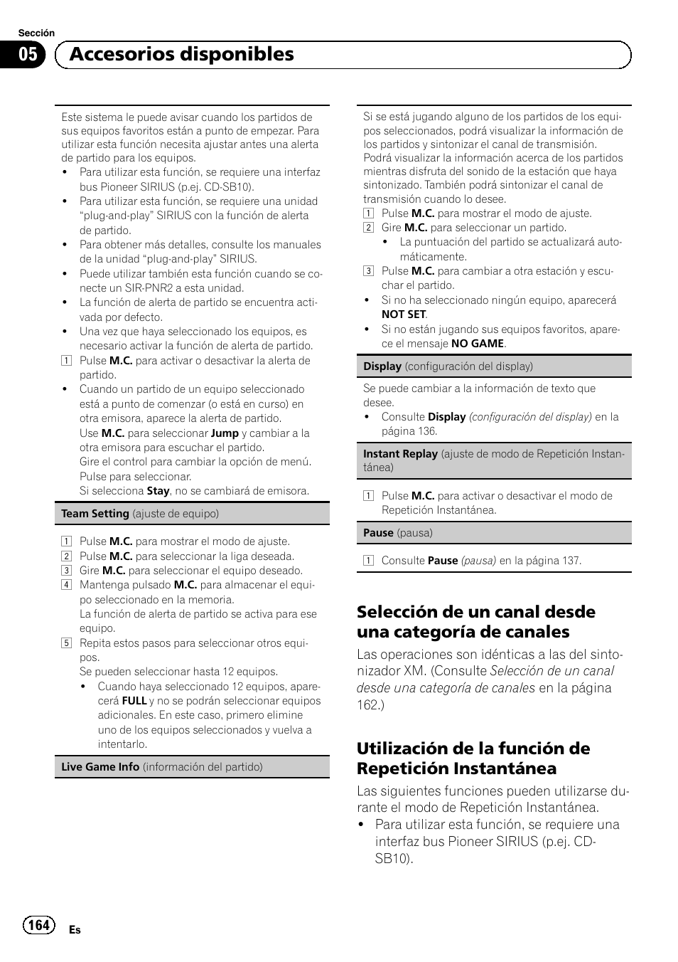 Selección de un canal desde una, Categoría de canales, Utilización de la función de repetición | Instantánea, 05 accesorios disponibles | Pioneer MVH-P8200BT User Manual | Page 164 / 184