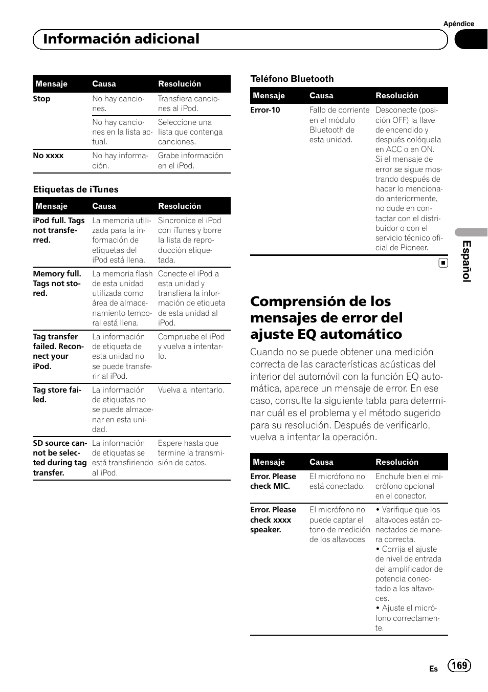 Comprensión de los mensajes de error del, Ajuste eq automático, Información adicional | Español | Pioneer MVH-P8200BT User Manual | Page 169 / 184