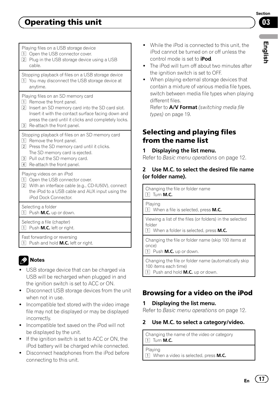 Selecting and playing files from the, Name list, Browsing for a video on the ipod 17 | 03 operating this unit, Selecting and playing files from the name list, Browsing for a video on the ipod, English | Pioneer MVH-P8200BT User Manual | Page 17 / 184