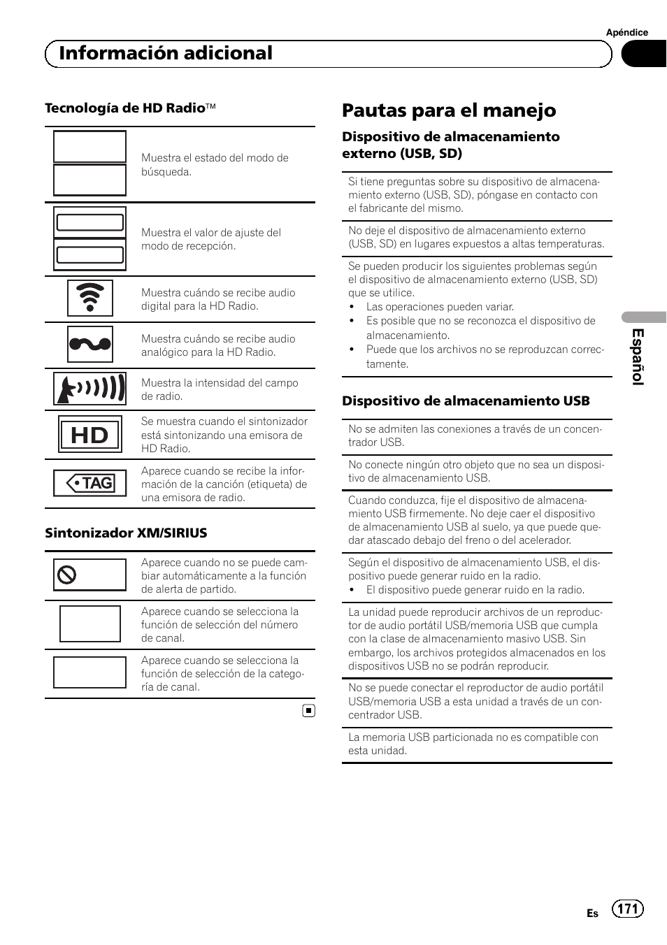 Pautas para el manejo, All seek hd seek, Game | All ch, Category, Información adicional | Pioneer MVH-P8200BT User Manual | Page 171 / 184