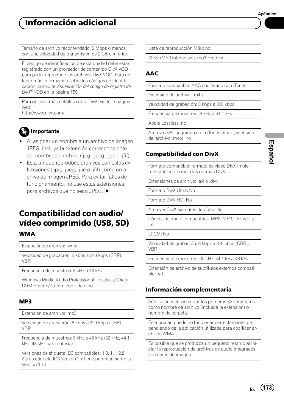 Compatibilidad con audio/vídeo comprimido, Usb, sd), Información adicional | Español | Pioneer MVH-P8200BT User Manual | Page 173 / 184