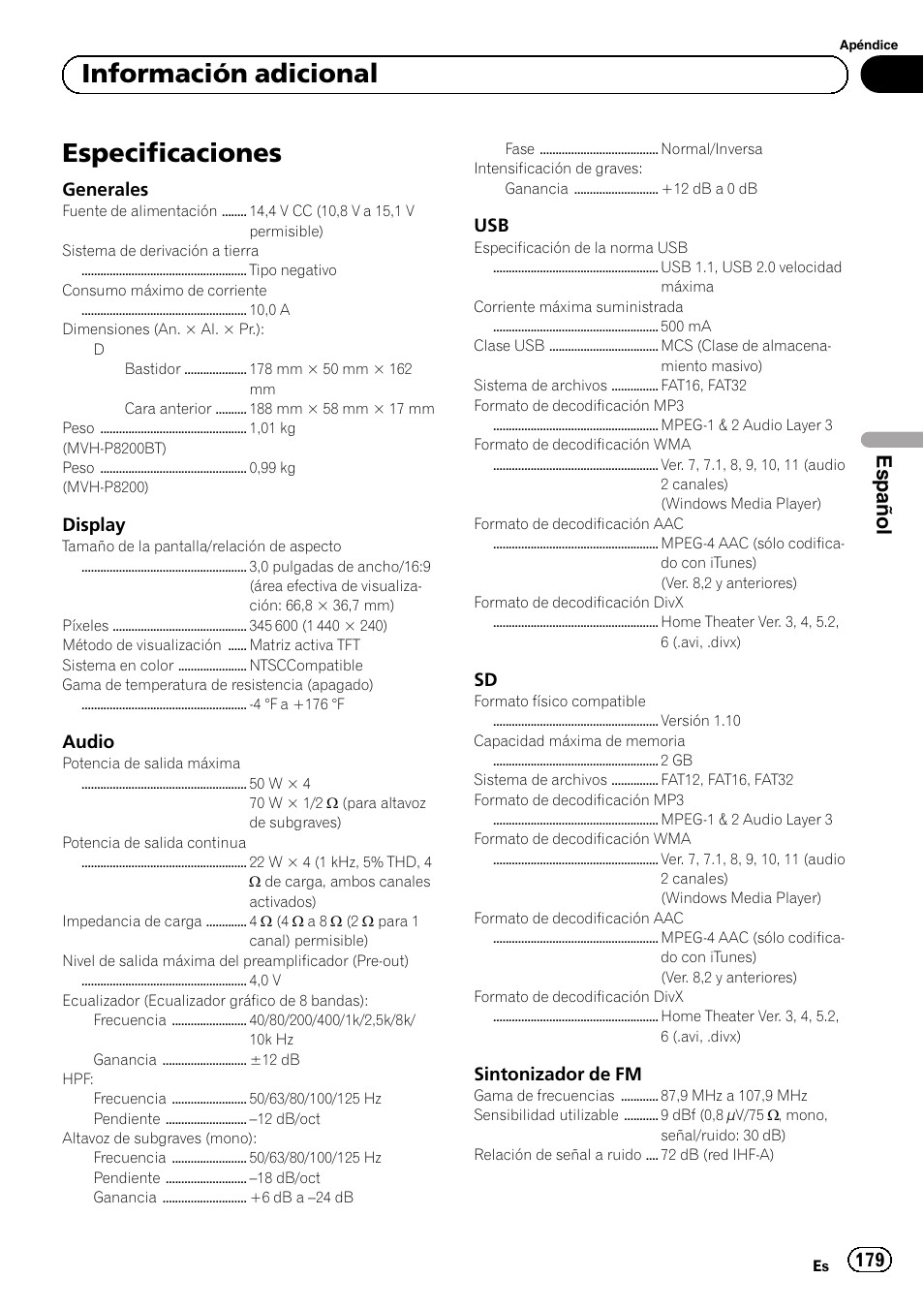 Especificaciones, Información adicional, Español | Pioneer MVH-P8200BT User Manual | Page 179 / 184