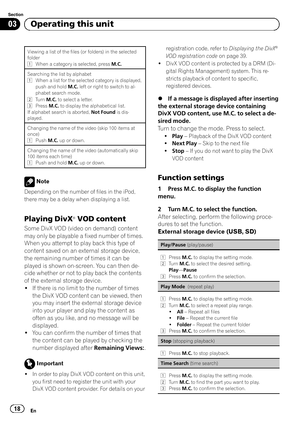 Playing divxâ vod content 18, Function settings 18, 03 operating this unit | Playing divx, Vod content, Function settings | Pioneer MVH-P8200BT User Manual | Page 18 / 184