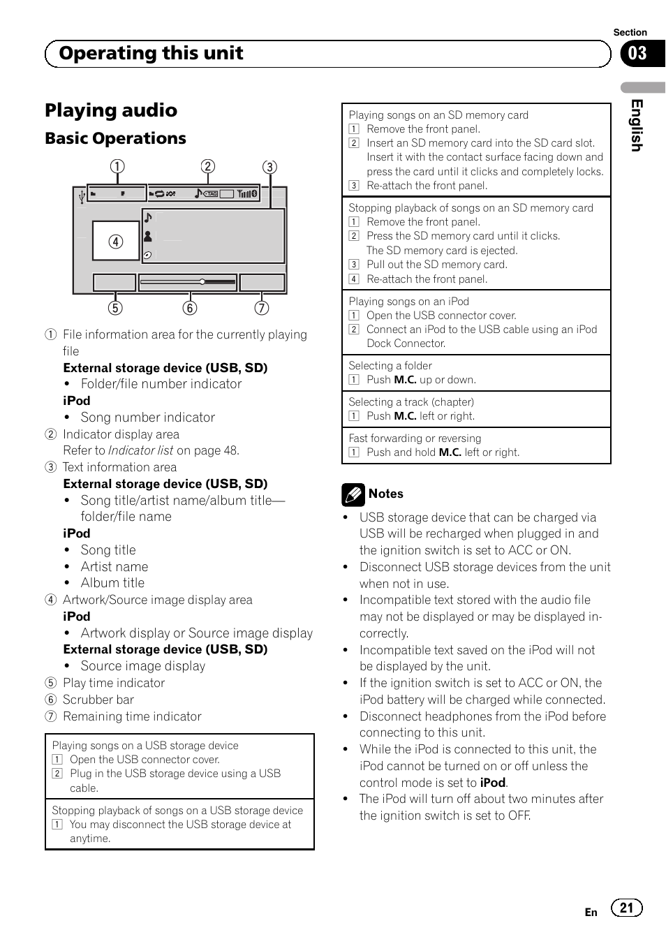 Playing audio, Basic operations 21, 03 operating this unit | Basic operations | Pioneer MVH-P8200BT User Manual | Page 21 / 184