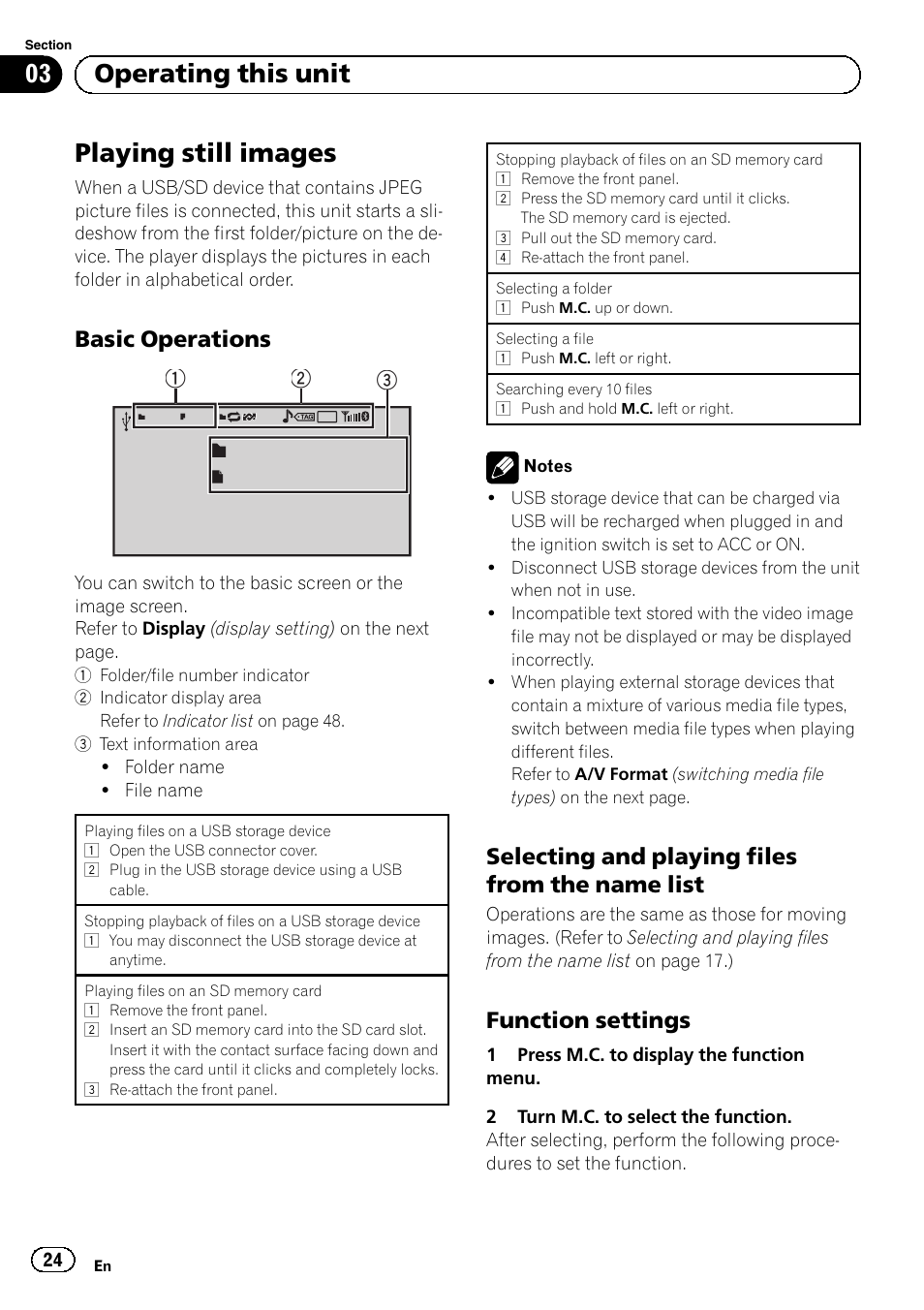 Playing still images, Basic operations 24, Selecting and playing files from the | Name list, Function settings 24, 03 operating this unit, Basic operations, Selecting and playing files from the name list, Function settings | Pioneer MVH-P8200BT User Manual | Page 24 / 184