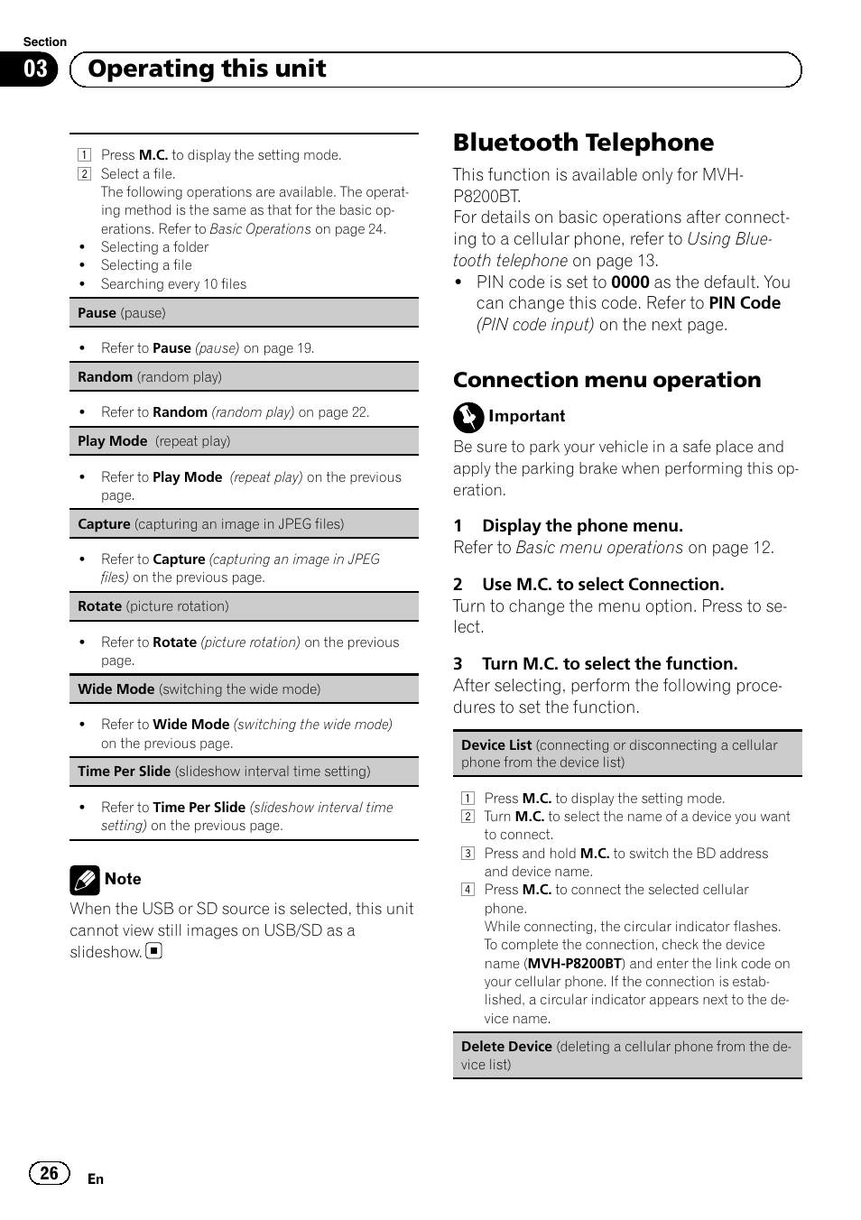 Bluetooth telephone, Connection menu operation 26, 03 operating this unit | Connection menu operation | Pioneer MVH-P8200BT User Manual | Page 26 / 184