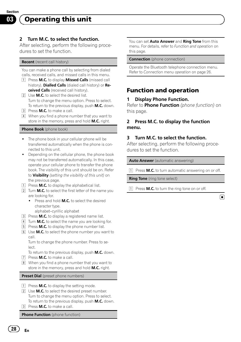 Function and operation 28, 03 operating this unit, Function and operation | Pioneer MVH-P8200BT User Manual | Page 28 / 184