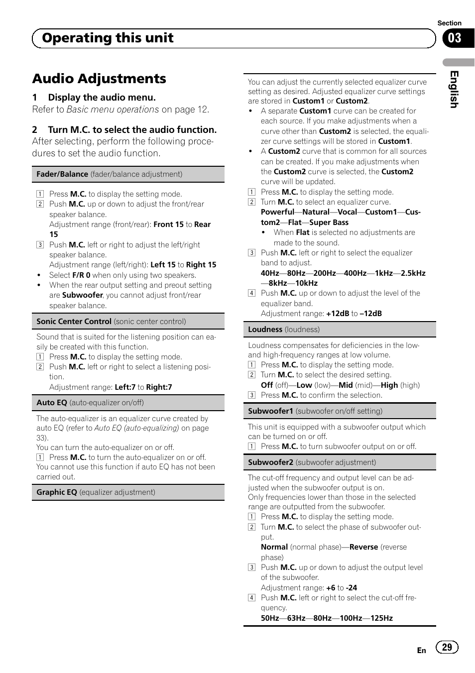 Audio adjustments, 03 operating this unit, English | Pioneer MVH-P8200BT User Manual | Page 29 / 184