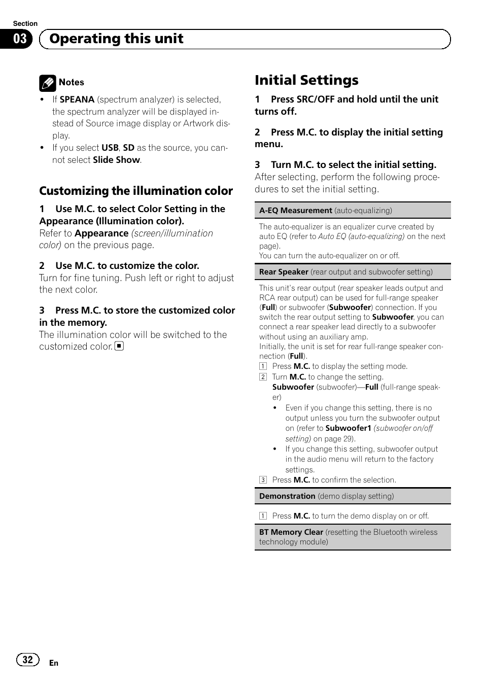 Customizing the illumination color 32, Initial settings, 03 operating this unit | Customizing the illumination color | Pioneer MVH-P8200BT User Manual | Page 32 / 184