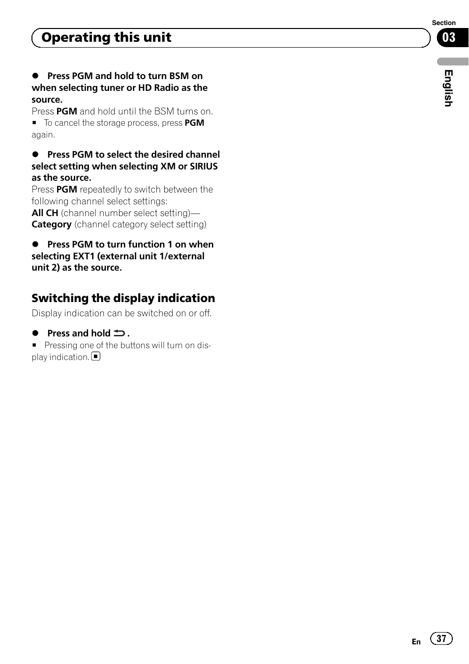 Switching the display indication 37, 03 operating this unit | Pioneer MVH-P8200BT User Manual | Page 37 / 184