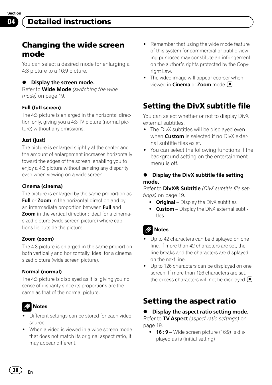 Setting the divx subtitle file, Setting the aspect ratio, Changing the wide screen mode | 04 detailed instructions | Pioneer MVH-P8200BT User Manual | Page 38 / 184