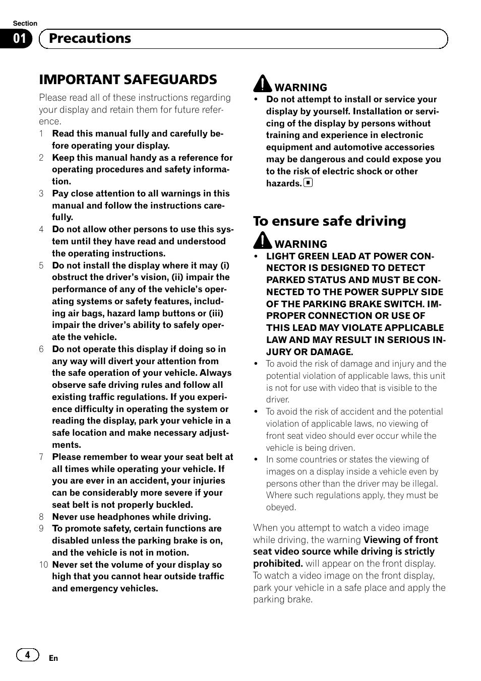 Precautions, Important safeguards, To ensure safe driving | 01 precautions | Pioneer MVH-P8200BT User Manual | Page 4 / 184