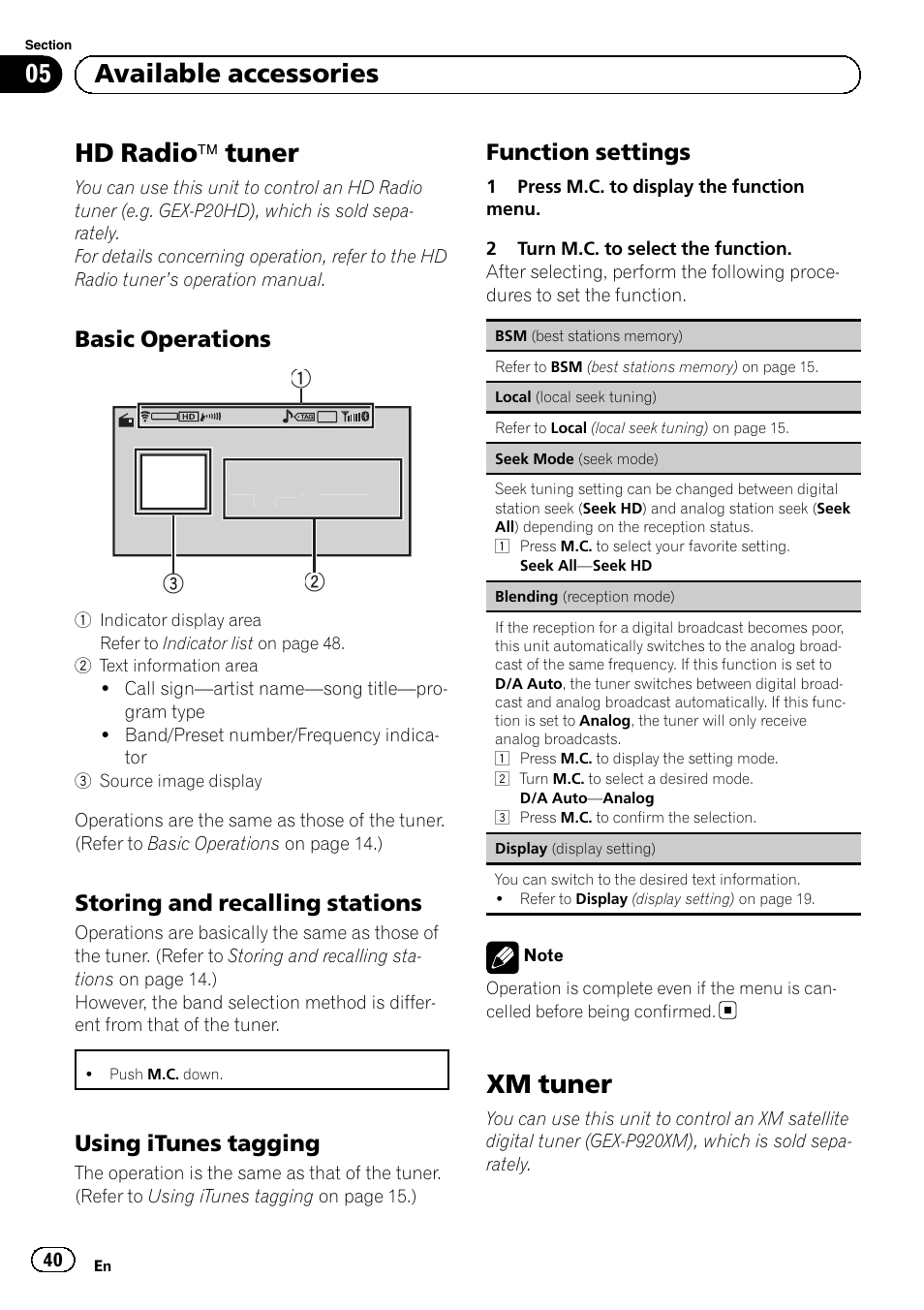 Available accessories hd radio, Ä tuner 40, Basic operations 40 | Storing and recalling stations 40, Using itunes tagging 40, Function settings 40, Xm tuner, Hd radio ä tuner, 05 available accessories, Basic operations | Pioneer MVH-P8200BT User Manual | Page 40 / 184