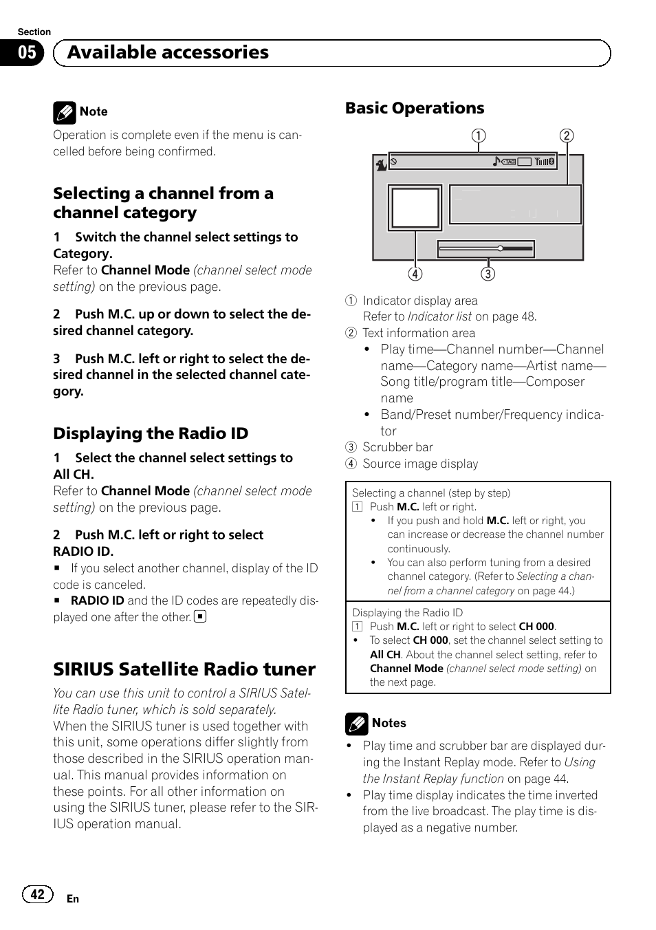 Selecting a channel from a channel, Category, Displaying the radio id 42 | Sirius satellite radio tuner, Basic operations 42, 05 available accessories, Selecting a channel from a channel category, Displaying the radio id, Basic operations | Pioneer MVH-P8200BT User Manual | Page 42 / 184