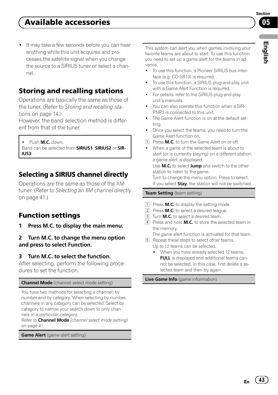 Storing and recalling stations 43, Selecting a sirius channel, Directly | Function settings 43, 05 available accessories, Storing and recalling stations, Selecting a sirius channel directly, Function settings, English | Pioneer MVH-P8200BT User Manual | Page 43 / 184