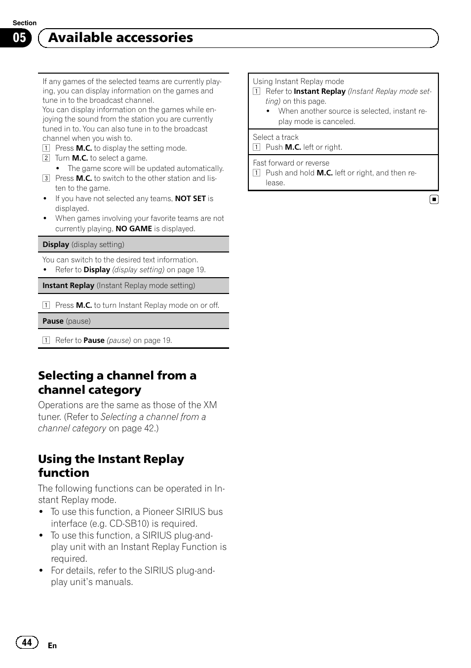 Selecting a channel from a channel, Category, Using the instant replay function 44 | 05 available accessories, Selecting a channel from a channel category, Using the instant replay function | Pioneer MVH-P8200BT User Manual | Page 44 / 184