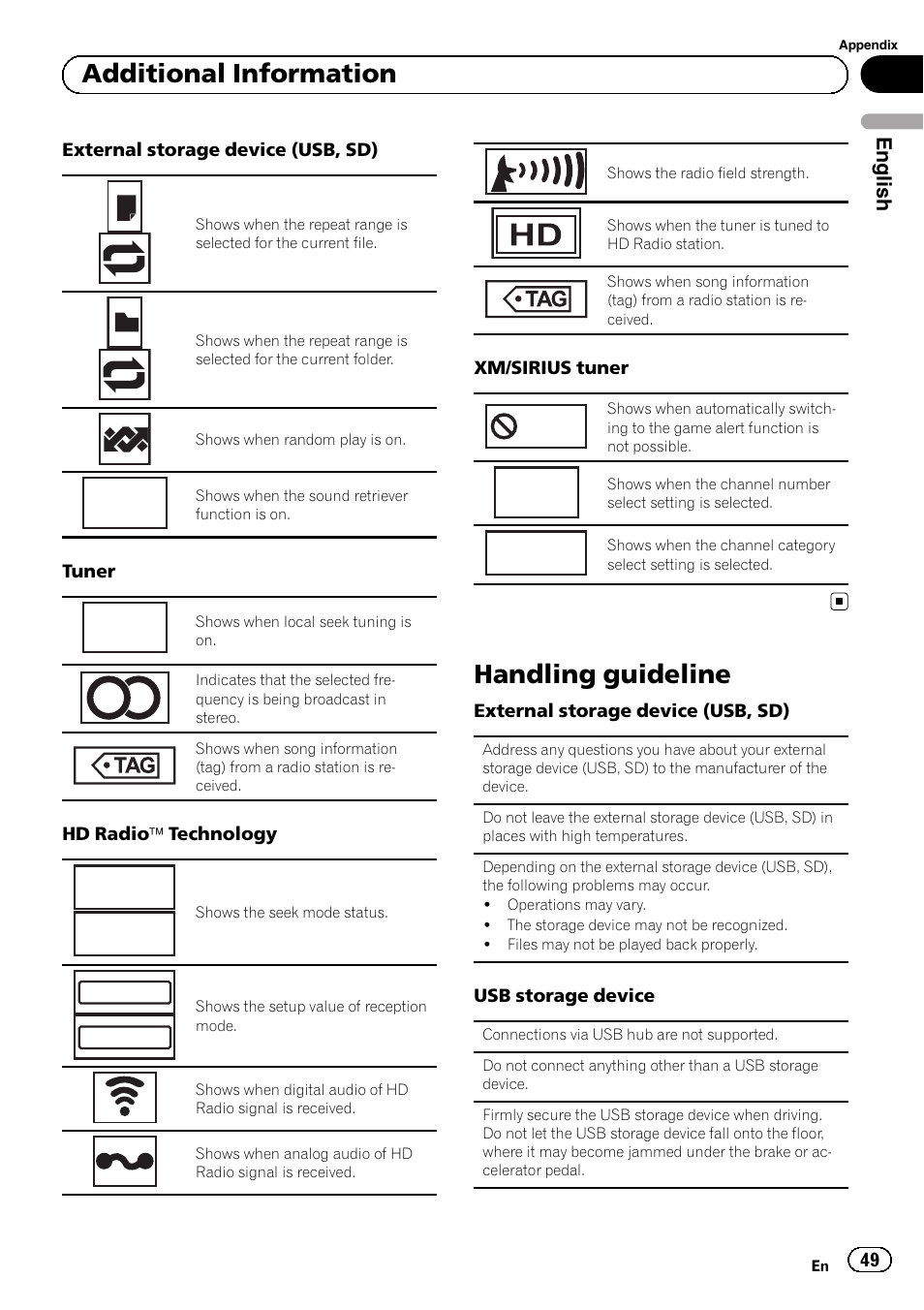 Handling guideline, Local, S.rtrv | All seek hd seek, Game, All ch, Category, Additional information | Pioneer MVH-P8200BT User Manual | Page 49 / 184