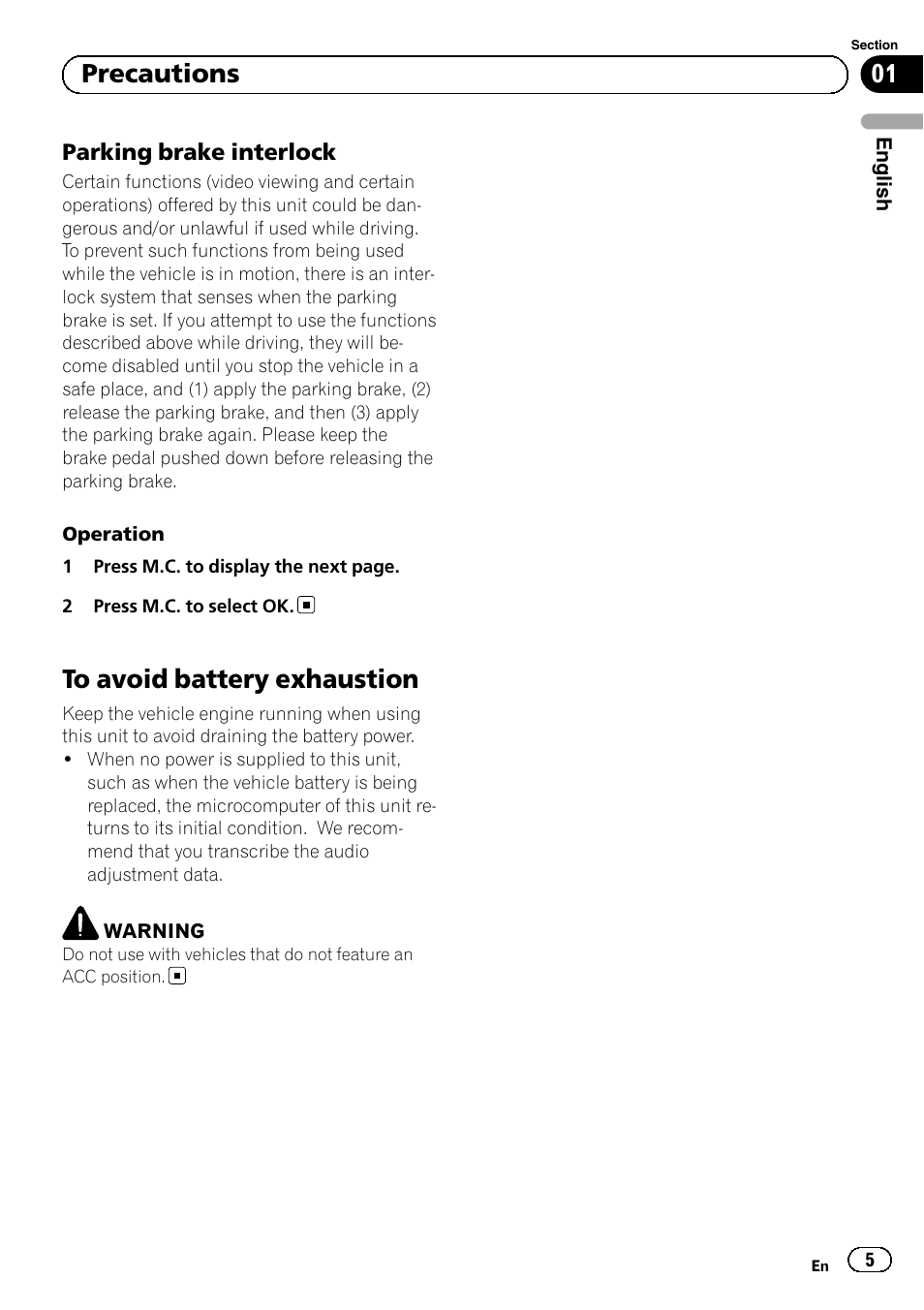 Parking brake interlock 5, To avoid battery exhaustion, 01 precautions | Pioneer MVH-P8200BT User Manual | Page 5 / 184