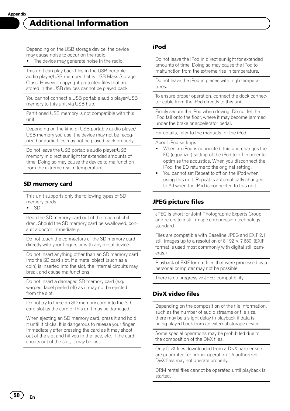 Additional information | Pioneer MVH-P8200BT User Manual | Page 50 / 184