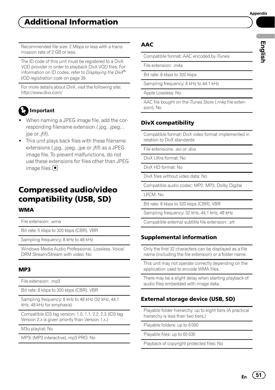 Compressed audio/video compatibility (usb, Compressed audio/video compatibility (usb, sd), Additional information | English | Pioneer MVH-P8200BT User Manual | Page 51 / 184