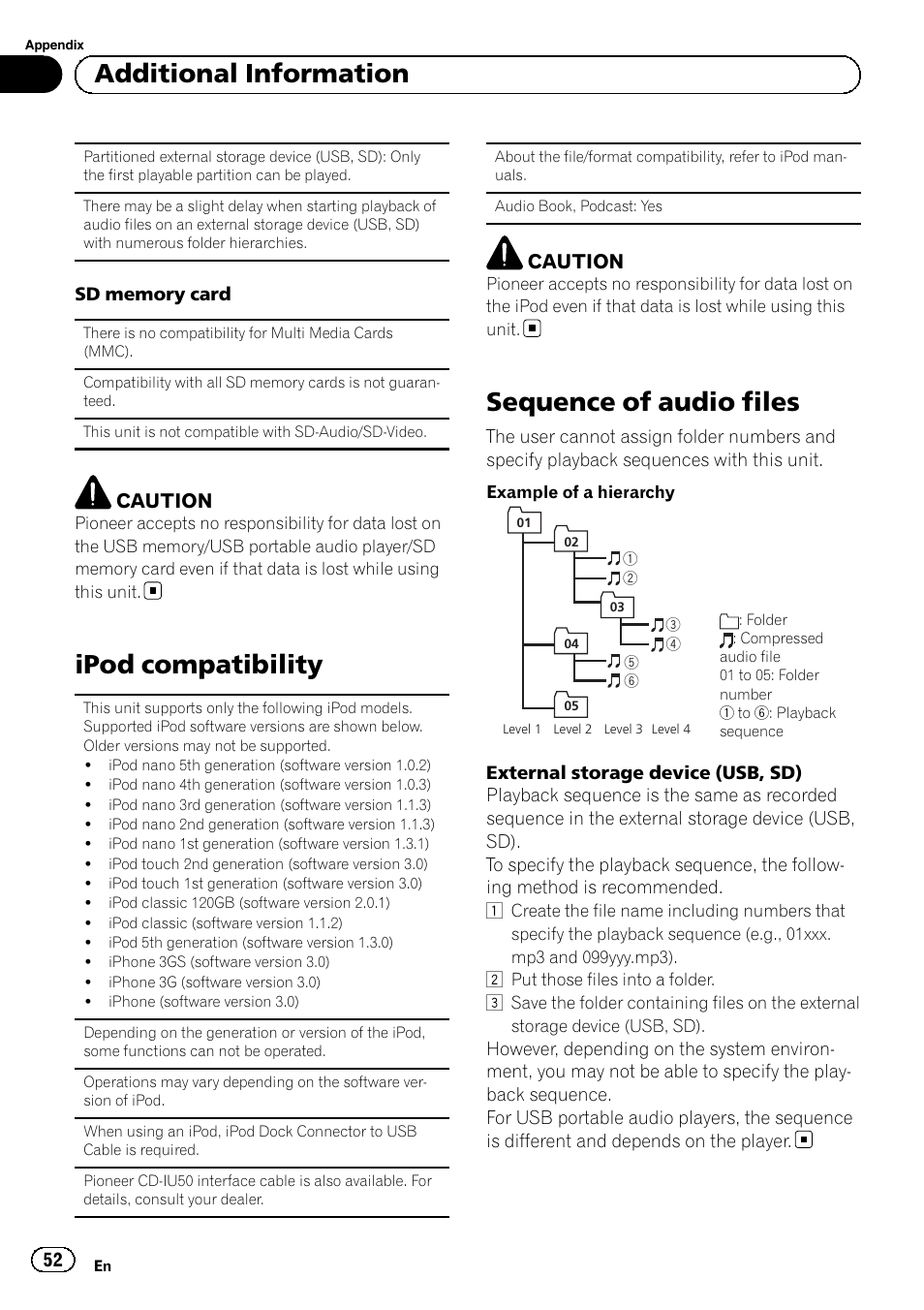 Ipod compatibility, Sequence of audio files, Additional information | Caution | Pioneer MVH-P8200BT User Manual | Page 52 / 184