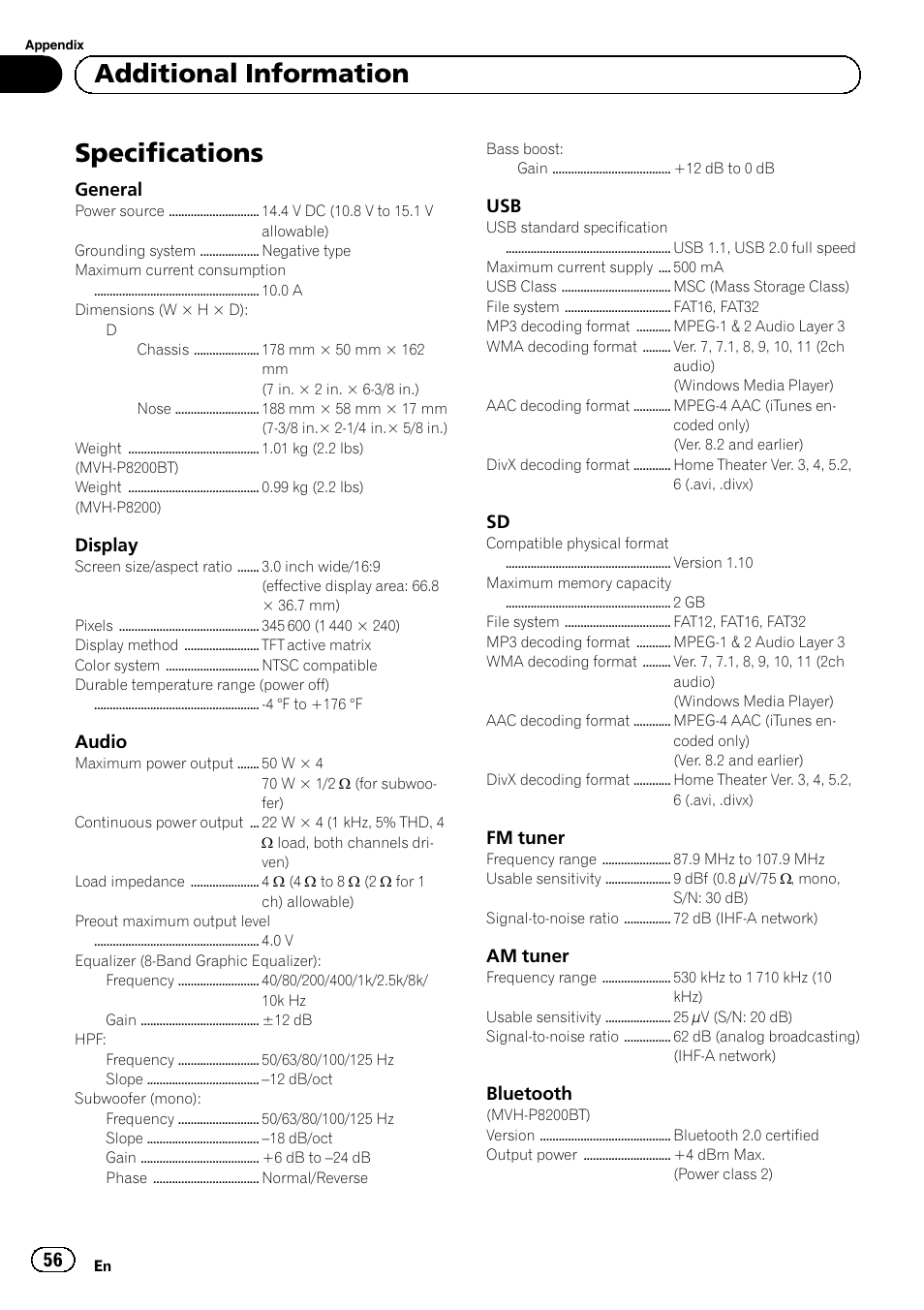 Specifications, Additional information | Pioneer MVH-P8200BT User Manual | Page 56 / 184