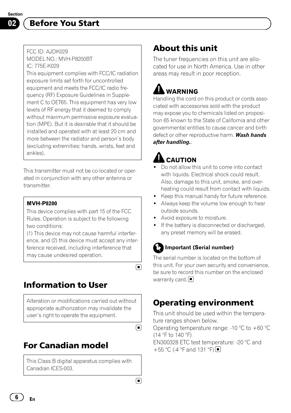 Before you start mvh-p8200, Information to user, For canadian model | About this unit, Operating environment, 02 before you start | Pioneer MVH-P8200BT User Manual | Page 6 / 184