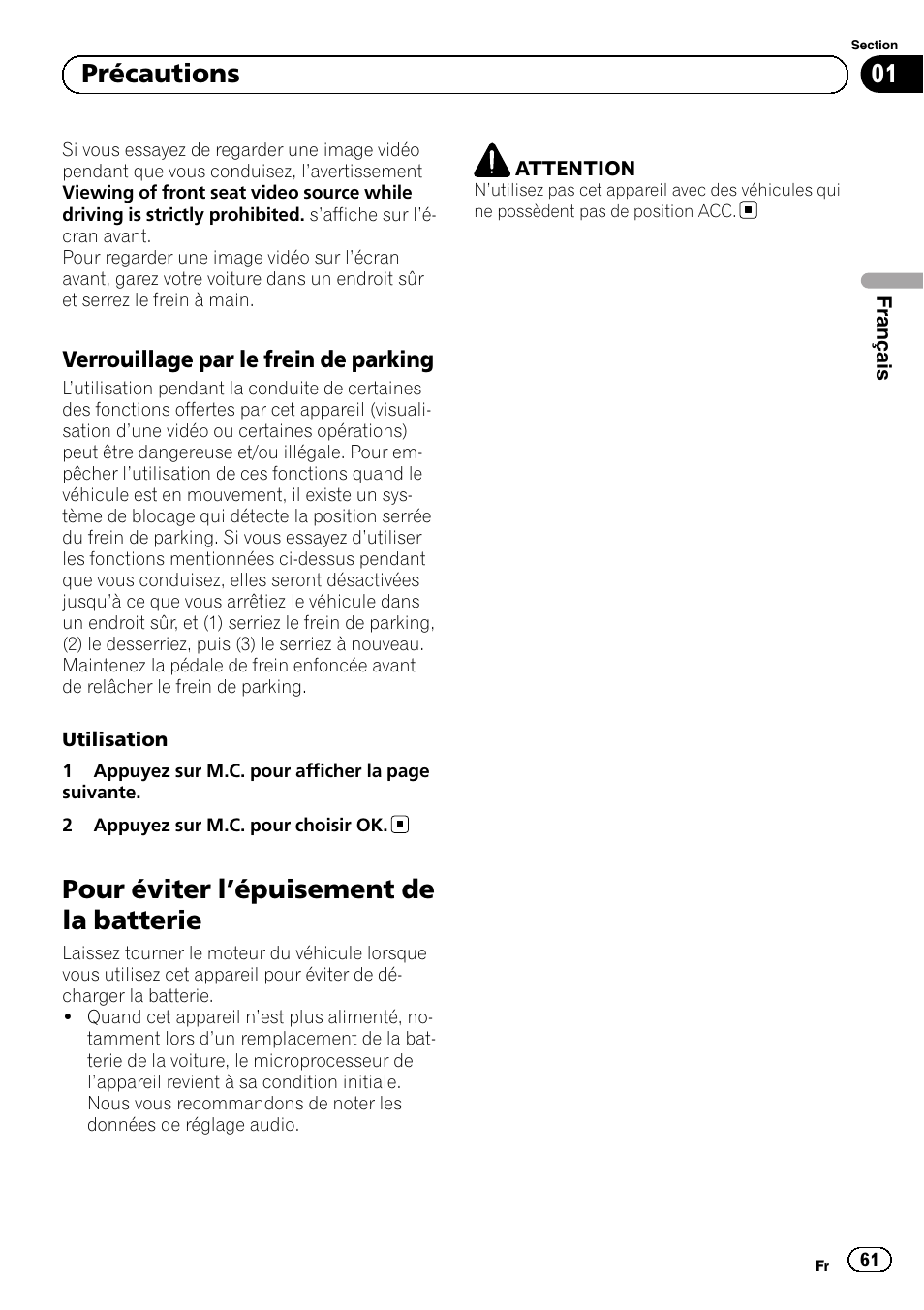 Verrouillage par le frein de parking 61, Pour éviter l, Épuisement de la batterie 61 | Pour éviter l ’épuisement de la batterie, 01 précautions | Pioneer MVH-P8200BT User Manual | Page 61 / 184