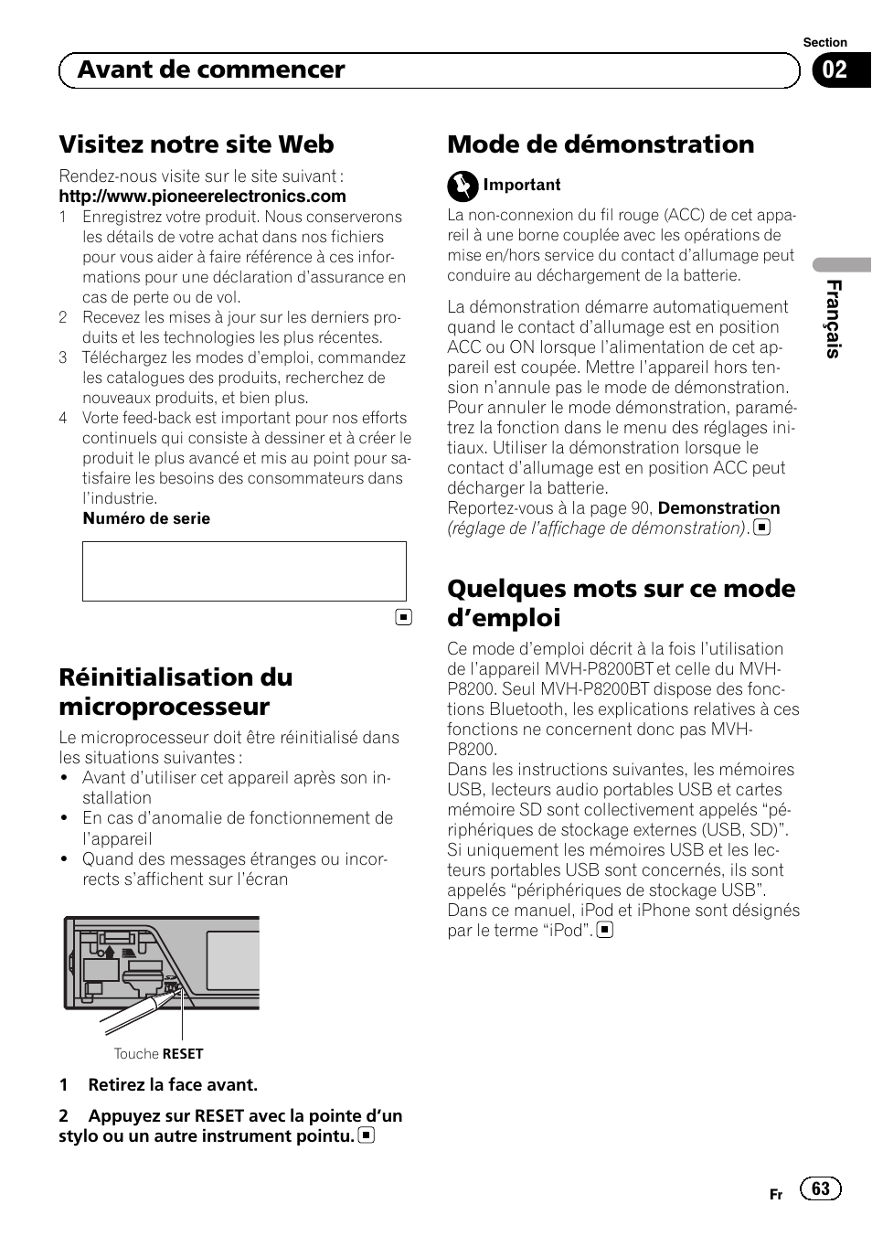 Visitez notre site web, Réinitialisation du microprocesseur, Mode de démonstration | Quelques mots sur ce mode d, Emploi 63, Quelques mots sur ce mode d ’emploi, 02 avant de commencer | Pioneer MVH-P8200BT User Manual | Page 63 / 184