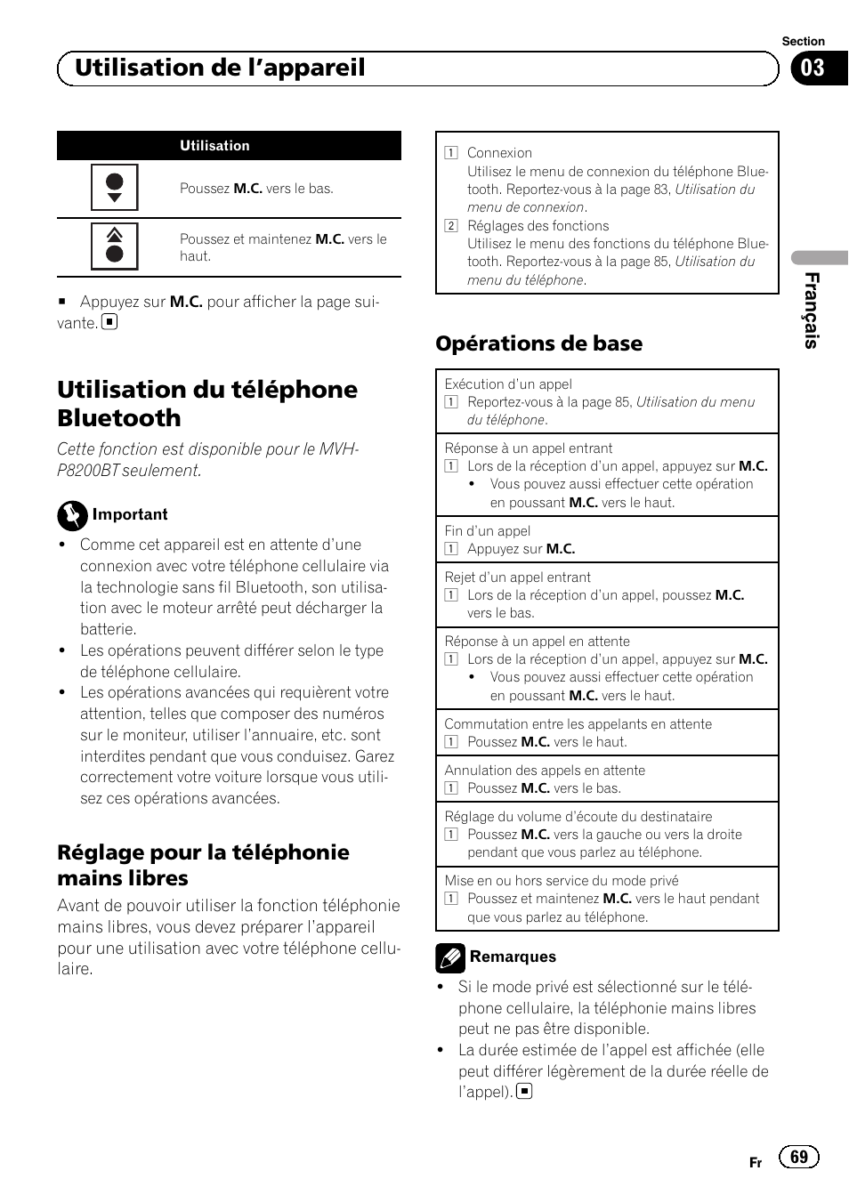 Utilisation du téléphone bluetooth, Réglage pour la téléphonie mains, Libres | Opérations de base 69, 03 utilisation de l ’appareil, Réglage pour la téléphonie mains libres, Opérations de base, Français | Pioneer MVH-P8200BT User Manual | Page 69 / 184