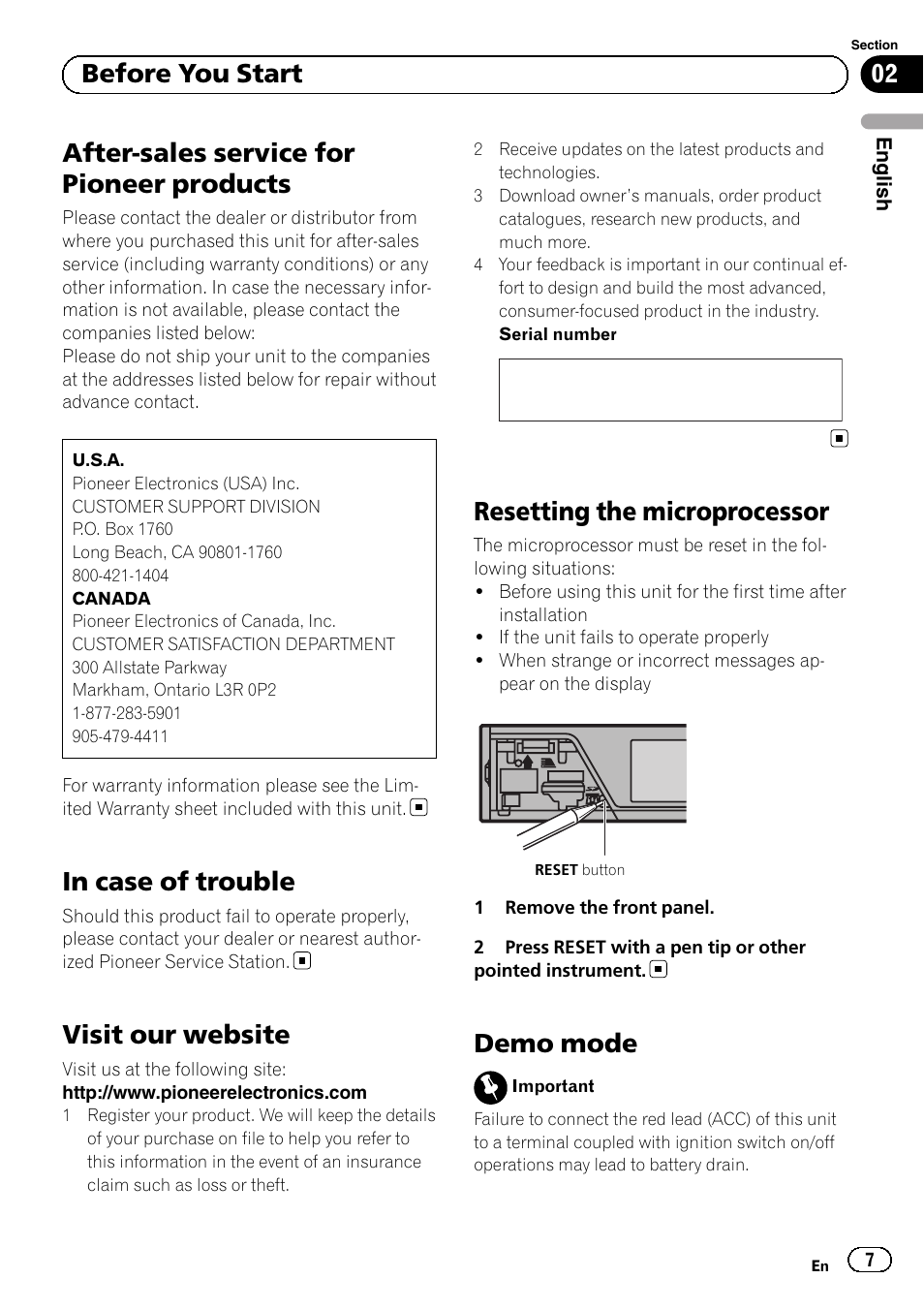 After-sales service for pioneer products, In case of trouble, Visit our website | Resetting the microprocessor, Demo mode, 02 before you start | Pioneer MVH-P8200BT User Manual | Page 7 / 184