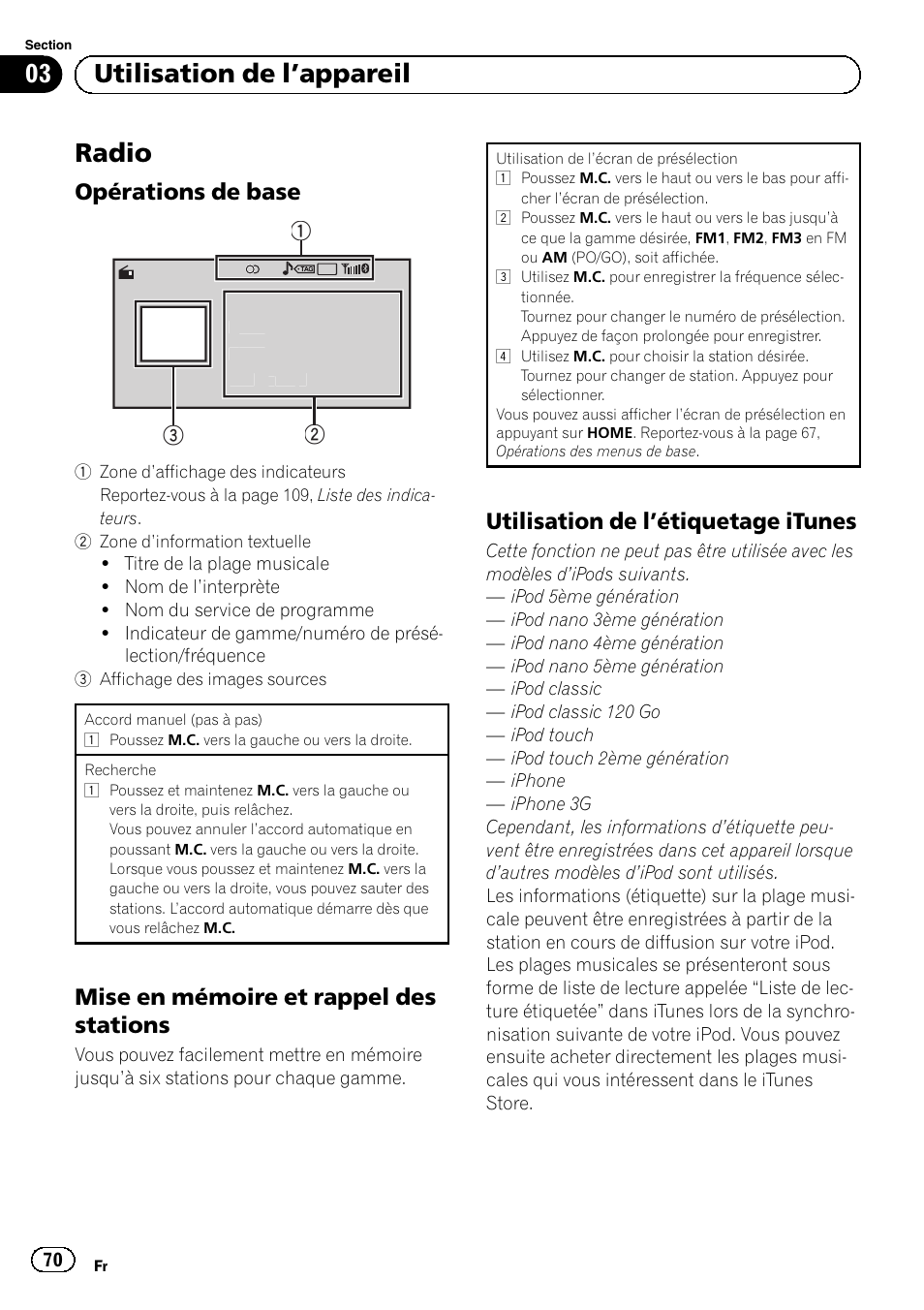 Radio, Opérations de base 70, Mise en mémoire et rappel des | Stations, Utilisation de l’étiquetage itunes 70, 03 utilisation de l ’appareil, Opérations de base, Mise en mémoire et rappel des stations, Utilisation de l ’étiquetage itunes | Pioneer MVH-P8200BT User Manual | Page 70 / 184