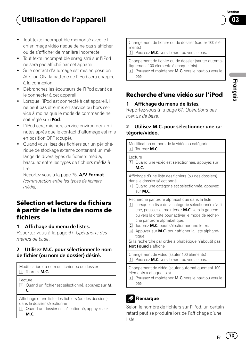 Sélection et lecture de fichiers à partir, De la liste des noms de fichiers, Recherche d’une vidéo sur l’ipod 73 | 03 utilisation de l ’appareil, Recherche d ’une vidéo sur l’ipod, Français | Pioneer MVH-P8200BT User Manual | Page 73 / 184