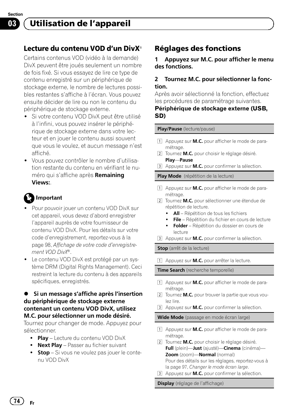Lecture du contenu vod d’un, Divx, Â 74 | Réglages des fonctions 74, Display (réglage, De l, Affichage), 03 utilisation de l ’appareil, Lecture du contenu vod d ’un divx, Réglages des fonctions | Pioneer MVH-P8200BT User Manual | Page 74 / 184